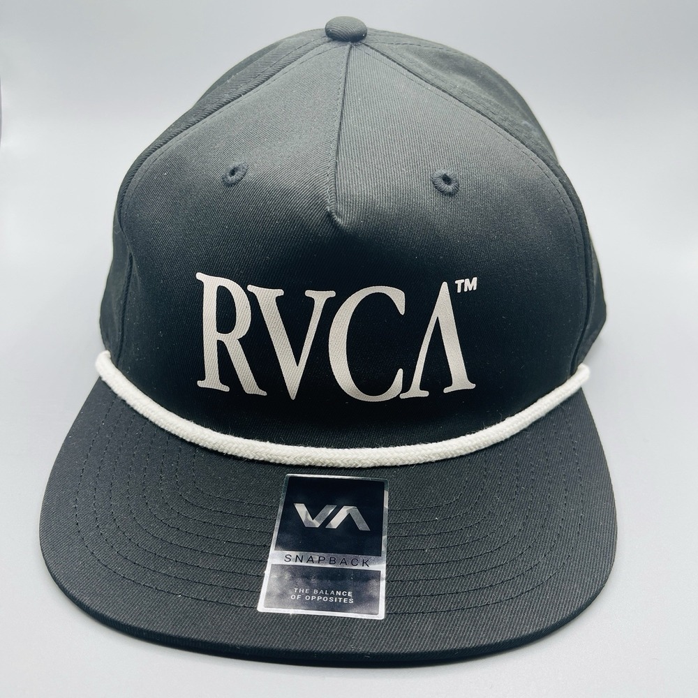 NWT RVCA Off Grid Snapback Hat Mens Black Flat Bill White Rope Logo Cap